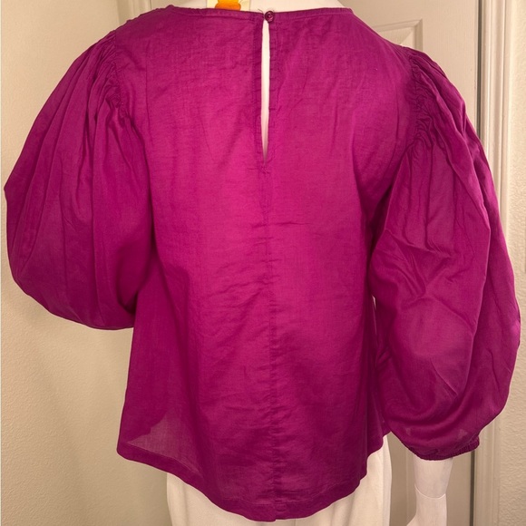 Farm Rio Fuchsia Pink Smocked Puff Sleeve Blouse with Bib Collar - Picture 5 of 13